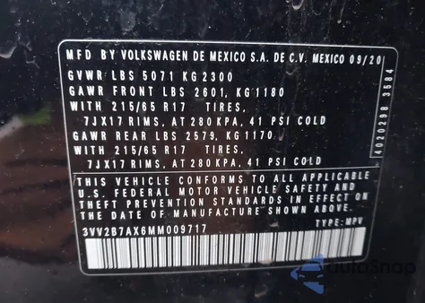 2021 Volkswagen Tiguan 2.0T Se/2.0T Se R-Line Black/2.0T Sel z USA, uszkodzony, nr VIN 3VV2B7AX6MM009717